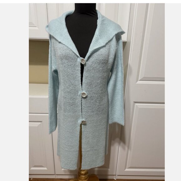 Soft Surroundings Lessie Button Up Blue Duster Cardigan Sweater Hooded Size M - Picture 1 of 13